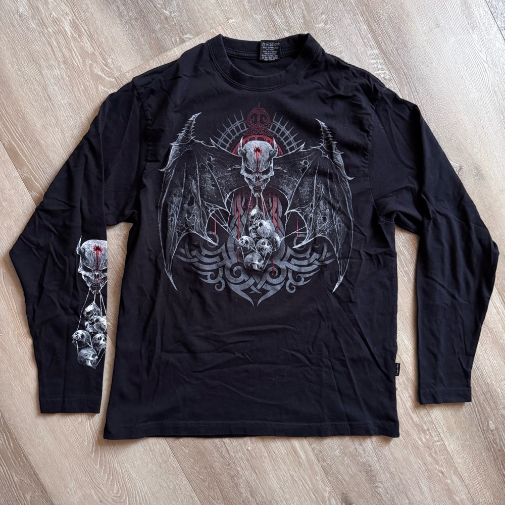 Vintage Y2K Spiral Direct Skull & Bats Goth Graphic Long Sleeve Shirt XXL